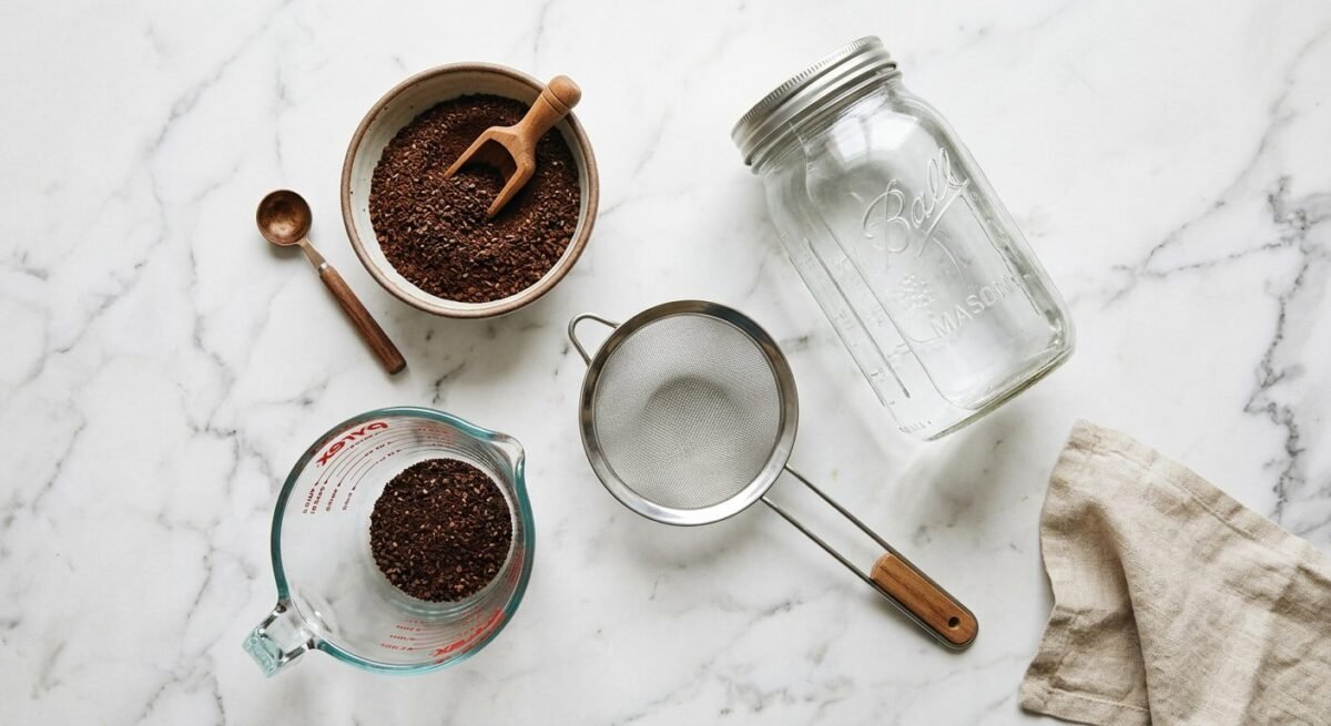 overhead flat-lay showing cold brew coffee ratio ingredients including coarse coffee grounds mason jar water and measuring cup for 1-to-4 coffee to water measurement