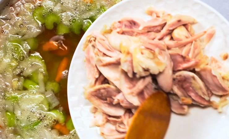 Shred Chicken and Strain Broth