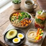 healthy lunch ideas for work — colorful meal prep containers with salads, grain bowls, and protein-packed lunches on a desk