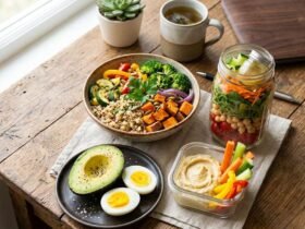 healthy lunch ideas for work — colorful meal prep containers with salads, grain bowls, and protein-packed lunches on a desk
