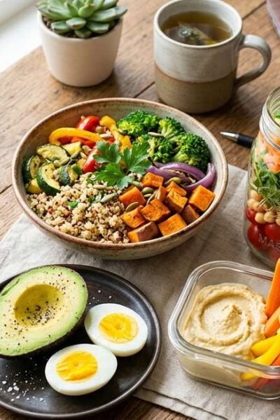 healthy lunch ideas for work — colorful meal prep containers with salads, grain bowls, and protein-packed lunches on a desk