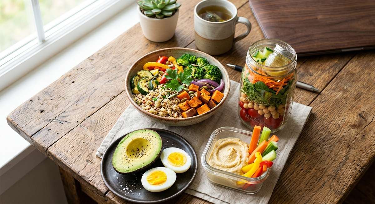 healthy lunch ideas for work — colorful meal prep containers with salads, grain bowls, and protein-packed lunches on a desk