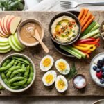 healthy snack ideas — colorful assortment of nuts, hummus with vegetables, Greek yogurt with berries, and apple slices with almond butter on a wooden board