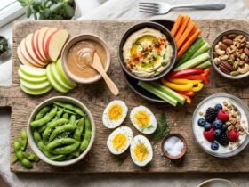 healthy snack ideas — colorful assortment of nuts, hummus with vegetables, Greek yogurt with berries, and apple slices with almond butter on a wooden board