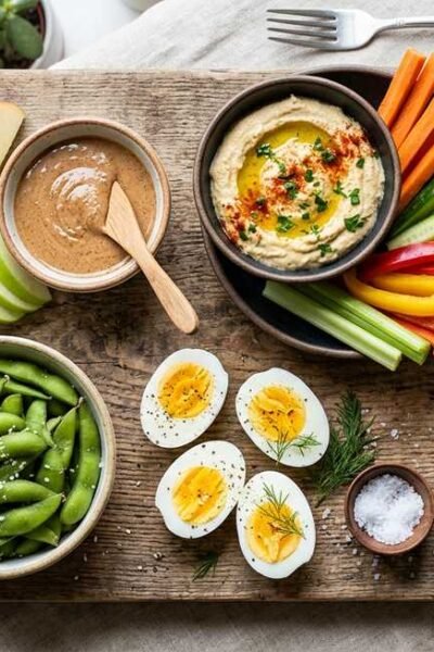 healthy snack ideas — colorful assortment of nuts, hummus with vegetables, Greek yogurt with berries, and apple slices with almond butter on a wooden board