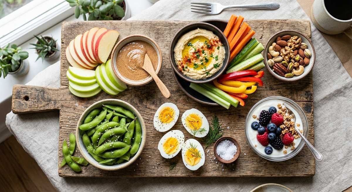 healthy snack ideas — colorful assortment of nuts, hummus with vegetables, Greek yogurt with berries, and apple slices with almond butter on a wooden board
