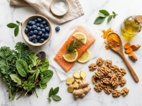 anti-inflammatory diet recipes — colorful spread of omega-3 rich salmon, blueberries, turmeric, leafy greens and walnuts on marble surface