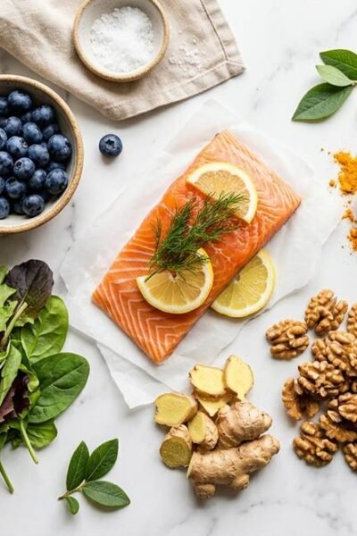 anti-inflammatory diet recipes — colorful spread of omega-3 rich salmon, blueberries, turmeric, leafy greens and walnuts on marble surface