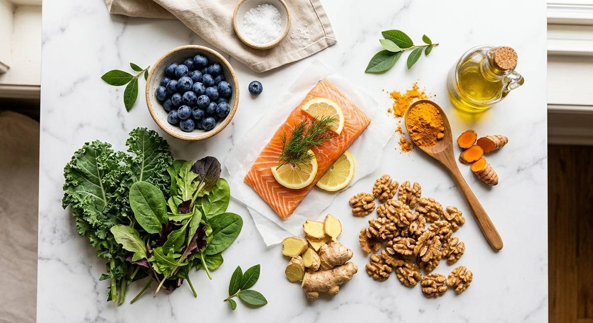 anti-inflammatory diet recipes — colorful spread of omega-3 rich salmon, blueberries, turmeric, leafy greens and walnuts on marble surface