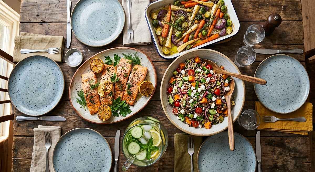 healthy dinner ideas for family , colorful spread of salmon, roasted vegetables, grain salad and water on a wooden family dinner table