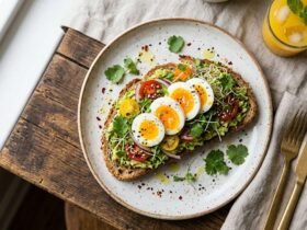 avocado toast toppings overhead shot with poached egg cherry tomatoes microgreens and flaky salt on sourdough