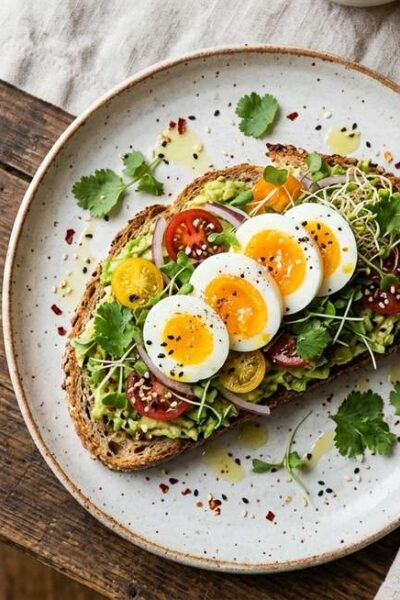 avocado toast toppings overhead shot with poached egg cherry tomatoes microgreens and flaky salt on sourdough