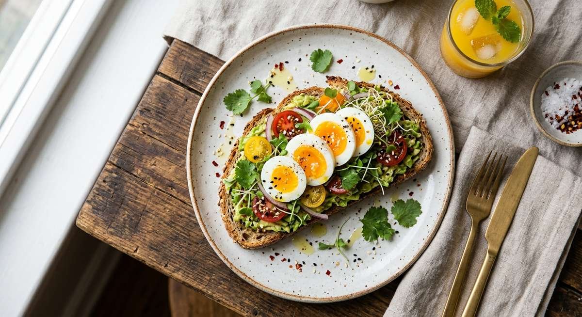 avocado toast toppings overhead shot with poached egg cherry tomatoes microgreens and flaky salt on sourdough