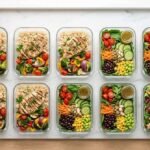 weight loss meal prep — organized containers with grilled chicken, brown rice, roasted vegetables and salads for a full week
