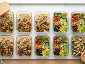 weight loss meal prep — organized containers with grilled chicken, brown rice, roasted vegetables and salads for a full week