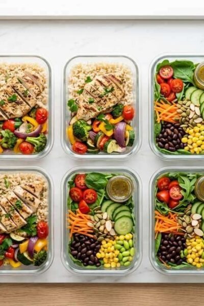weight loss meal prep — organized containers with grilled chicken, brown rice, roasted vegetables and salads for a full week