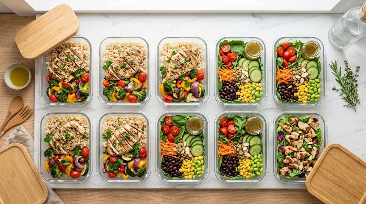 weight loss meal prep — organized containers with grilled chicken, brown rice, roasted vegetables and salads for a full week
