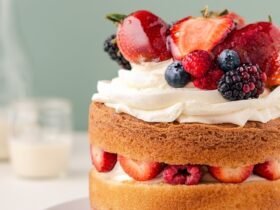 Homemade berry chantilly cake recipe result: vanilla layers with chantilly cream, strawberries, blueberries, raspberries and blackberries