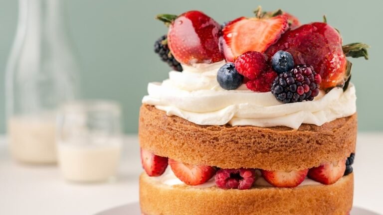 Homemade berry chantilly cake recipe result: vanilla layers with chantilly cream, strawberries, blueberries, raspberries and blackberries