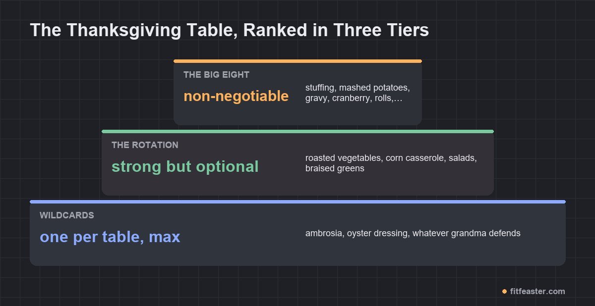 Thanksgiving side dishes ranked in three tiers: the Big Eight non-negotiables, the rotation, and one wildcard per table