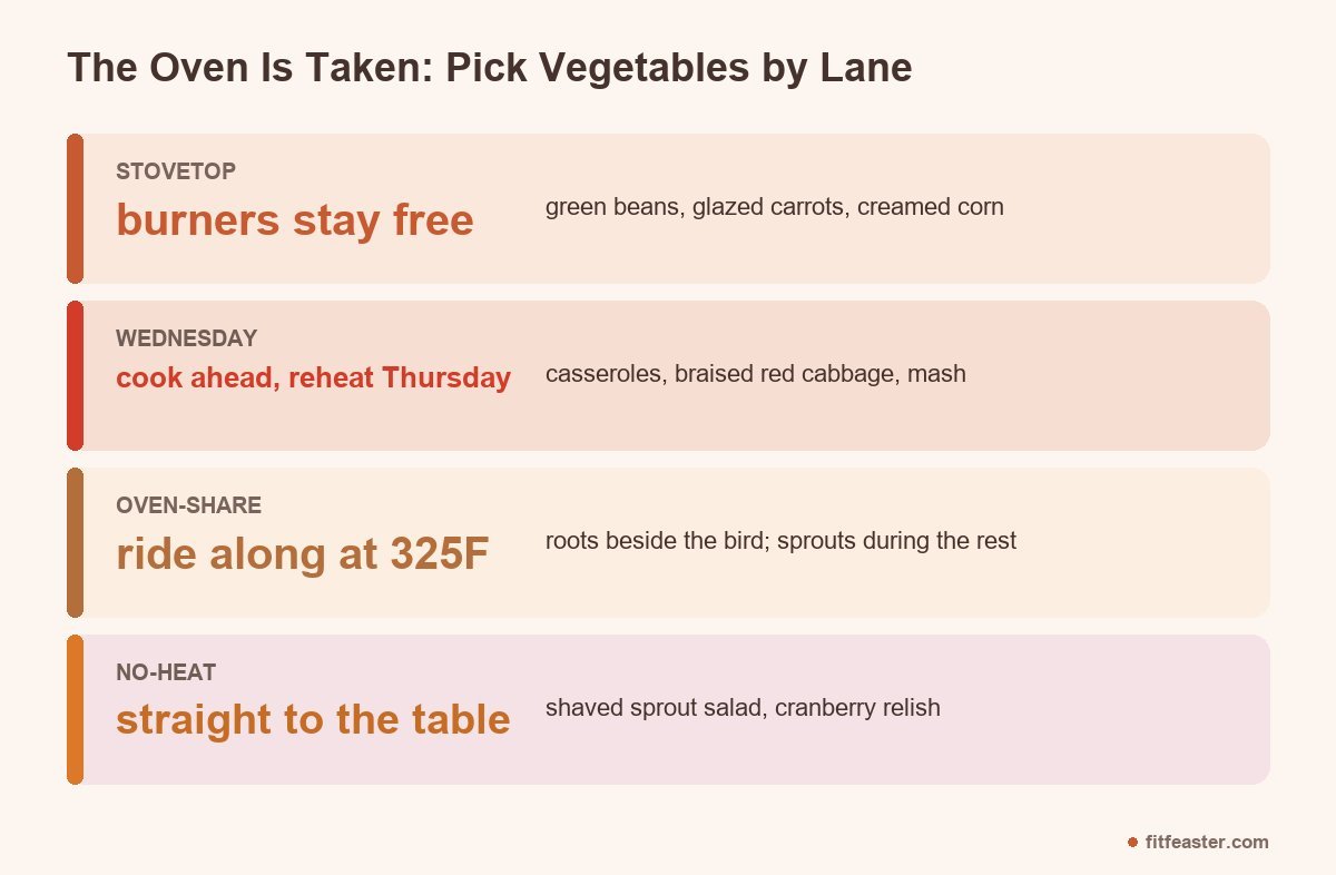 Thanksgiving vegetable side dishes infographic sorting dishes into stovetop, make-ahead, oven-share and no-heat lanes