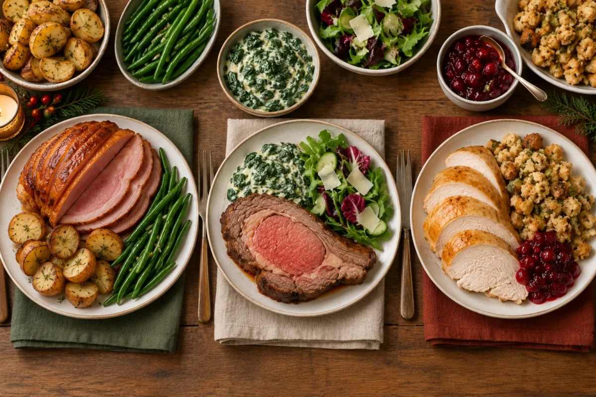 Three Christmas dinner pairings: spiral ham with potatoes and beans, prime rib with creamed spinach and salad, and turkey with stuffing and cranberry sauce