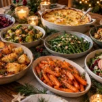 Christmas side dish spread with roast potatoes, Brussels sprouts, green beans, carrots, gratin, stuffing and winter salad