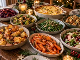 Christmas side dish spread with roast potatoes, Brussels sprouts, green beans, carrots, gratin, stuffing and winter salad
