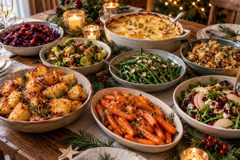 Christmas side dish spread with roast potatoes, Brussels sprouts, green beans, carrots, gratin, stuffing and winter salad