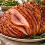 Spiral-cut honey glazed ham with a caramelized crackly sugar crust and holiday side dishes