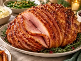 Spiral-cut honey glazed ham with a caramelized crackly sugar crust and holiday side dishes