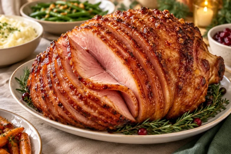 Spiral-cut honey glazed ham with a caramelized crackly sugar crust and holiday side dishes