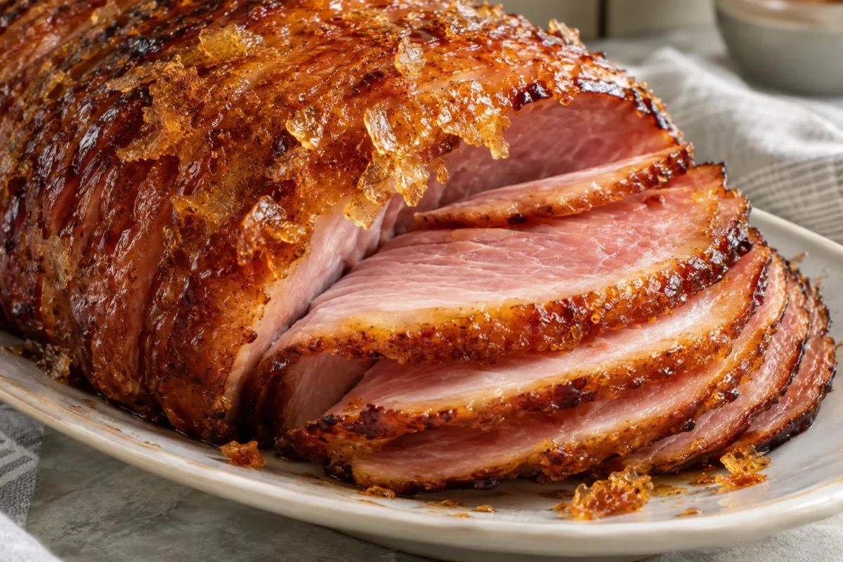 Close-up of a honey glazed spiral ham with a thin crackly caramelized sugar crust