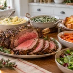Sliced medium-rare prime rib with mashed potatoes, creamed spinach, salad, glazed carrots and Yorkshire puddings