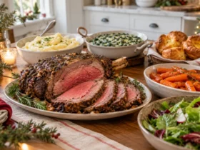 Sliced medium-rare prime rib with mashed potatoes, creamed spinach, salad, glazed carrots and Yorkshire puddings
