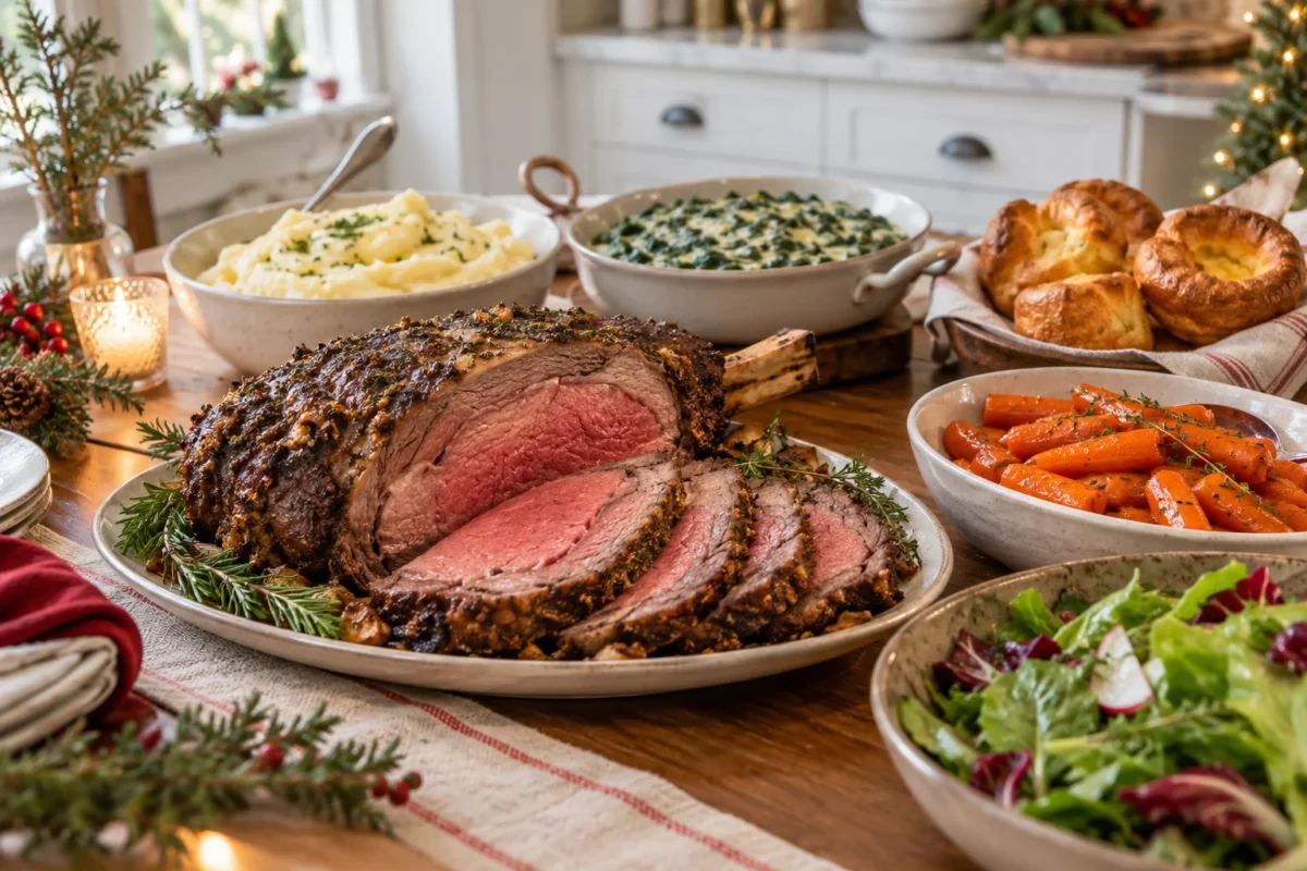 Sliced medium-rare prime rib with mashed potatoes, creamed spinach, salad, glazed carrots and Yorkshire puddings