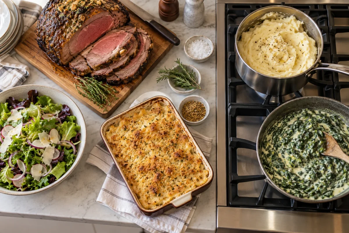 Prime rib resting beside mashed potatoes, creamed spinach, salad and a baking dish arranged across an ordinary home kitchen