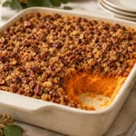 Ruth's Chris-style sweet potato casserole with a crunchy brown sugar pecan crust and a scoop removed to show the smooth filling