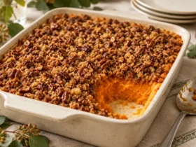 Ruth's Chris-style sweet potato casserole with a crunchy brown sugar pecan crust and a scoop removed to show the smooth filling