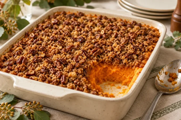 Ruth's Chris-style sweet potato casserole with a crunchy brown sugar pecan crust and a scoop removed to show the smooth filling