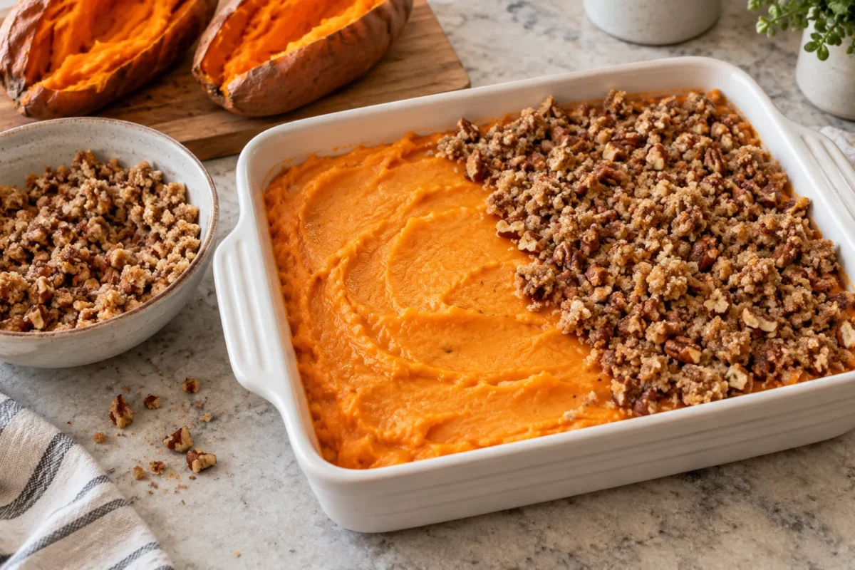 Sweet potato casserole with half the smooth filling covered by coarse brown sugar pecan crumble before baking