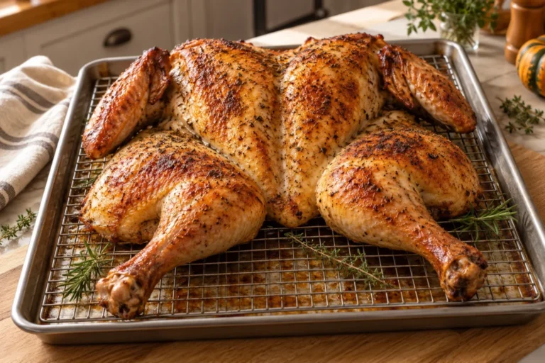 Golden-brown spatchcock turkey roasted flat on a wire rack inside a rimmed sheet pan