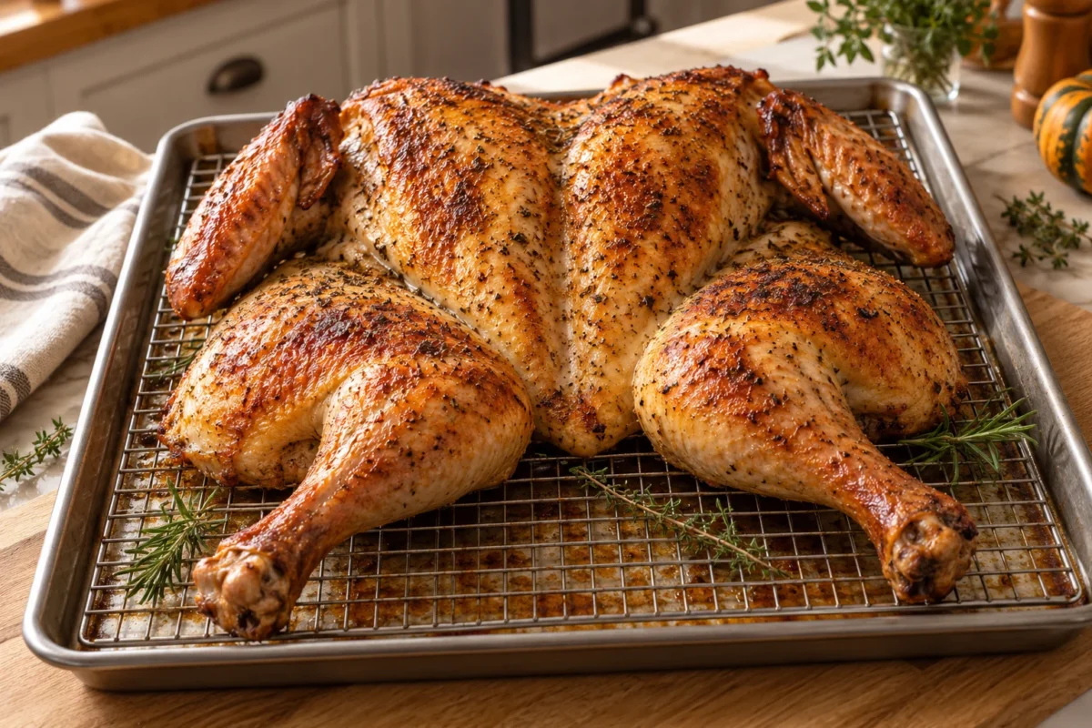 Golden-brown spatchcock turkey roasted flat on a wire rack inside a rimmed sheet pan