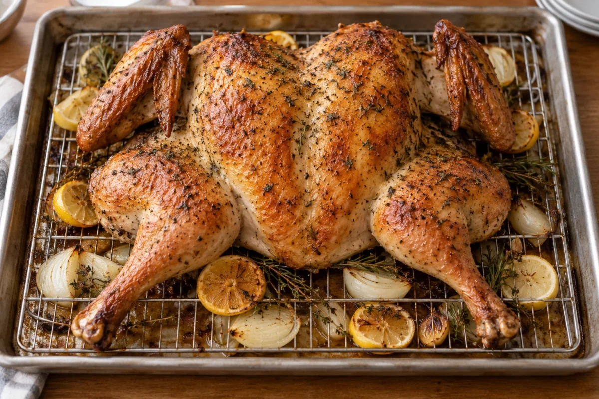 Flattened spatchcock turkey with golden skin on a wire rack over a sheet pan with lemon, onion and herbs