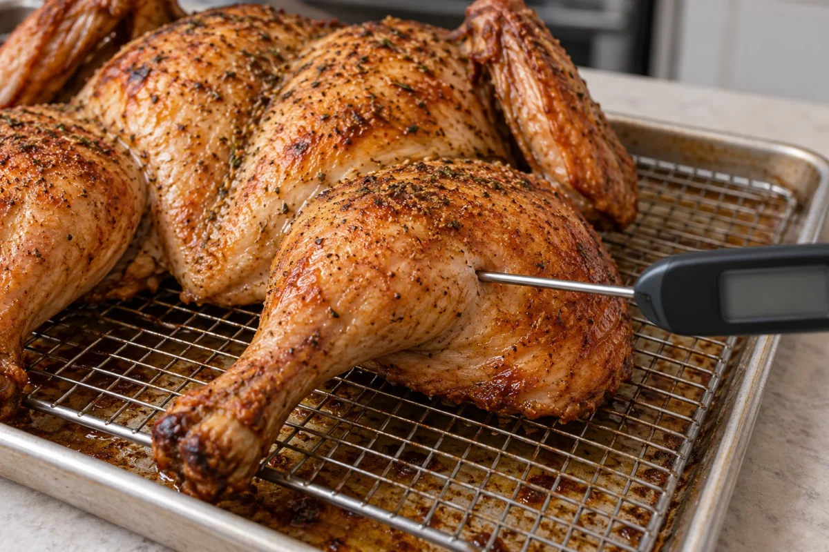 Instant-read thermometer probe in the thigh of a roasted spatchcock turkey on a sheet pan